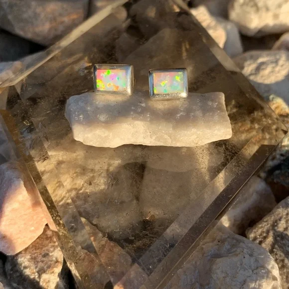 Opal Sterling Silver Stud Earrings - Picture 9 of 13
